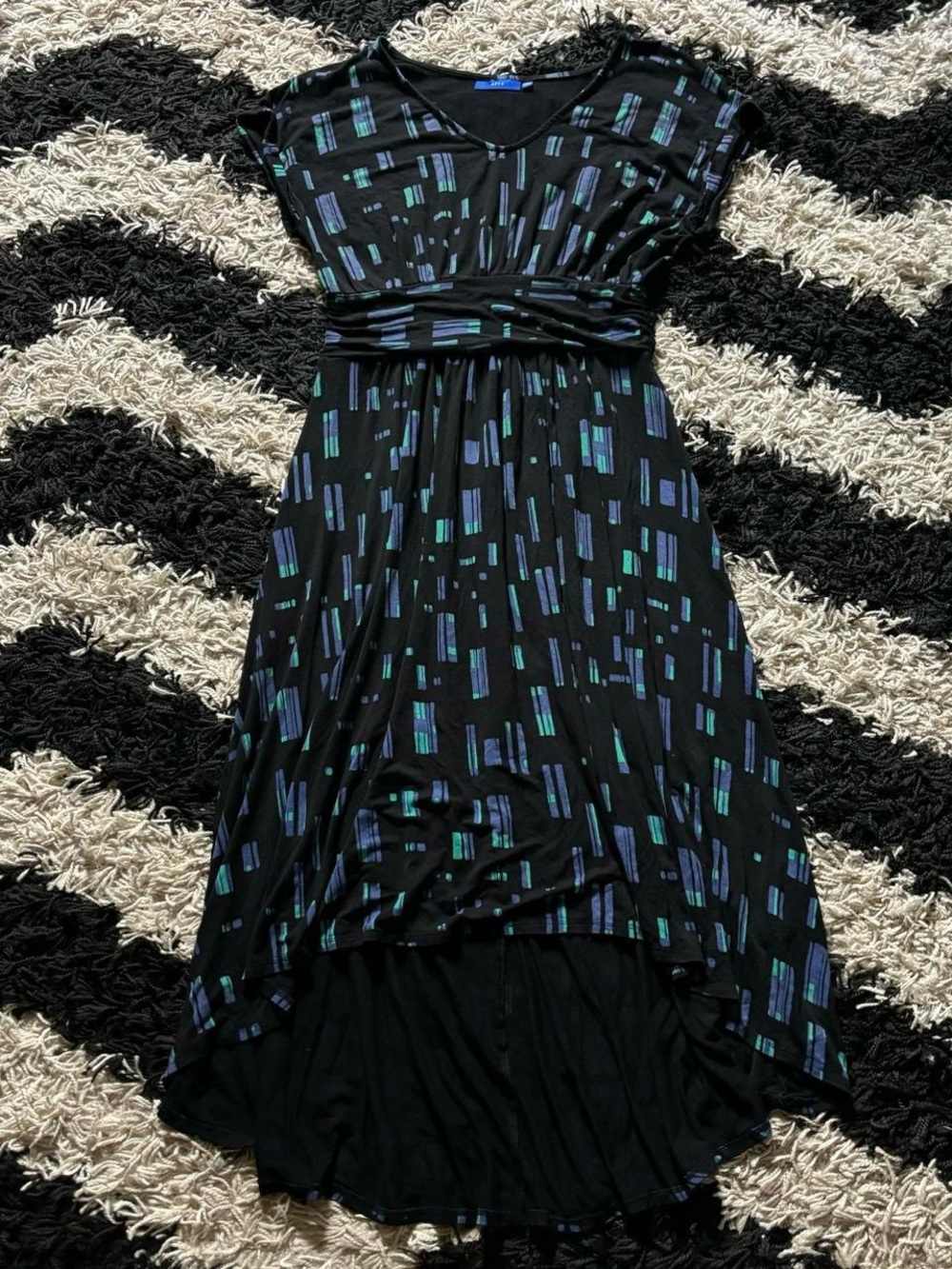 Retro Abstract Print Multicolor Thick Waistband Cap Sleeve High-Low Midi Dress